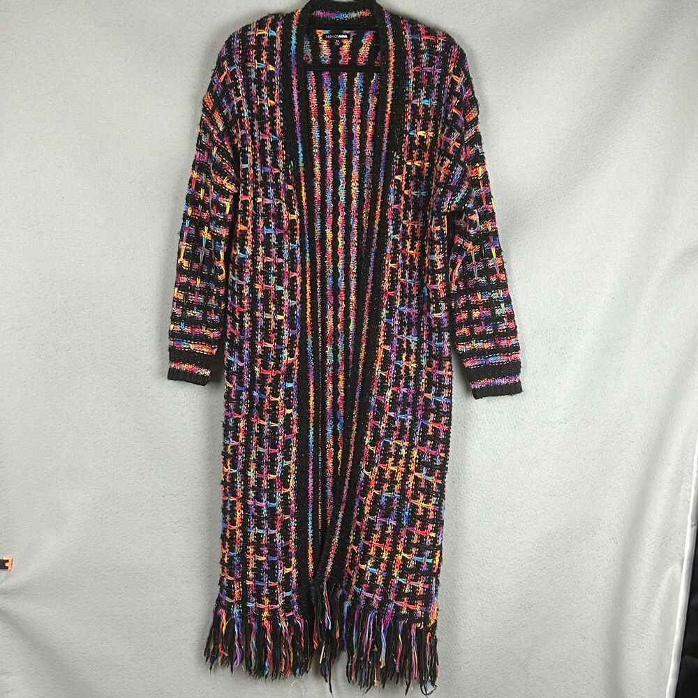 Fashion Nova Rainbow Fringe Duster Cardigan Medium Boho Festival Open Front Knit
